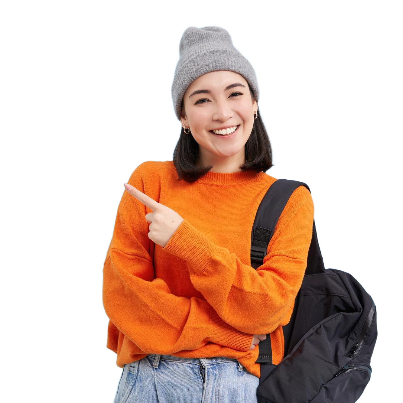 stylish-korean-woman-hat-holds-backpack-points-finger-advertisement-shows-promo-offer-banner-s-b